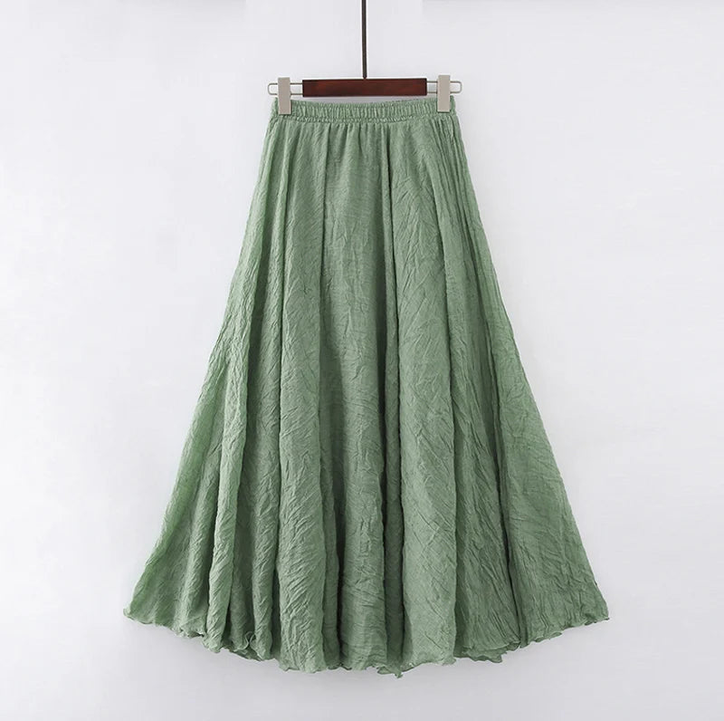 High Quality Cotton Linen Maxi Skirt Womens Casual Elastic High Waist Pleated A-Line Beach Skirts Boho Saia Feminina Faldas Jupe