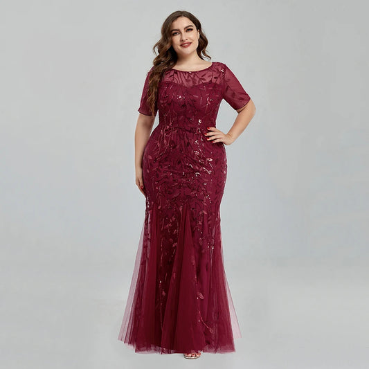 Women Plus Size Sequin Mesh Embroidery Mermaid  Evening Dress Formal Short Sleeve Elegant Party Prom Gowns  New Long Dress