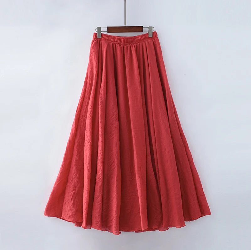 High Quality Cotton Linen Maxi Skirt Womens Casual Elastic High Waist Pleated A-Line Beach Skirts Boho Saia Feminina Faldas Jupe