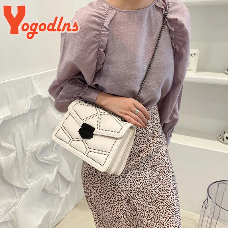 Yogodlns Vintage Rivet Chain Small Shoulder Bags For Women Flap Messenger Bag Fashion Small Square Bag Designer Handbag Bolsa