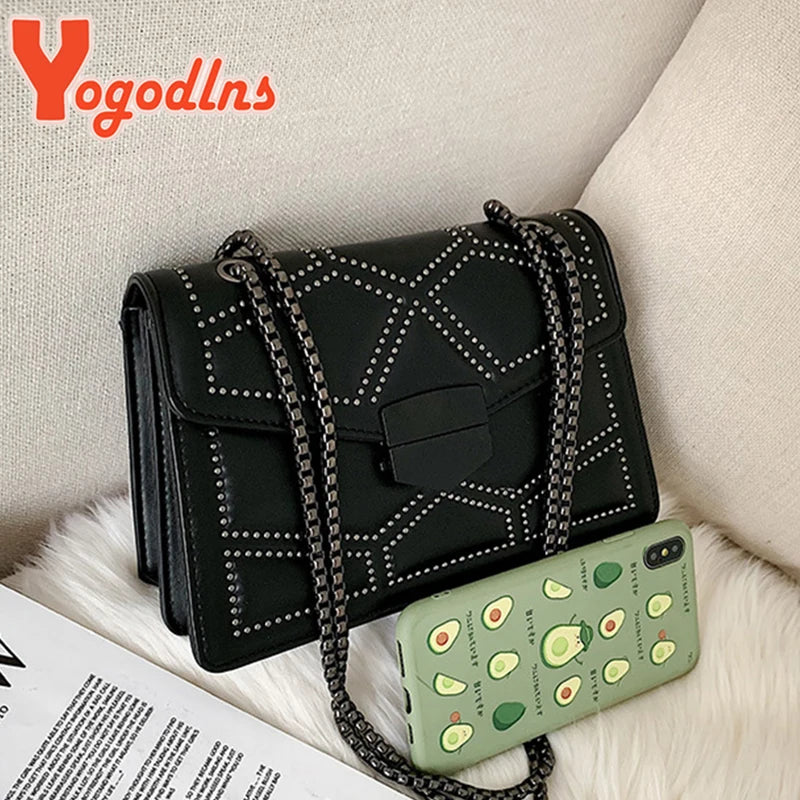 Yogodlns Vintage Rivet Chain Small Shoulder Bags For Women Flap Messenger Bag Fashion Small Square Bag Designer Handbag Bolsa