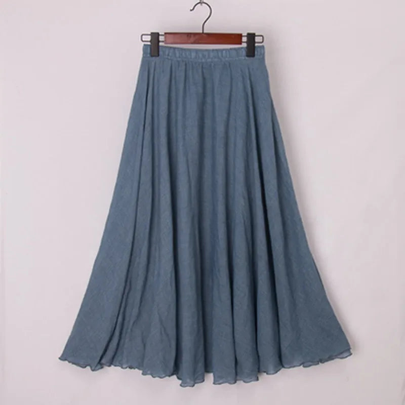 High Quality Cotton Linen Maxi Skirt Womens Casual Elastic High Waist Pleated A-Line Beach Skirts Boho Saia Feminina Faldas Jupe