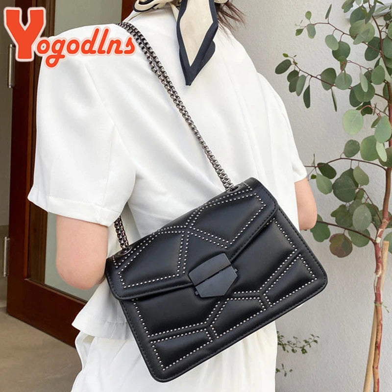 Yogodlns Vintage Rivet Chain Small Shoulder Bags For Women Flap Messenger Bag Fashion Small Square Bag Designer Handbag Bolsa