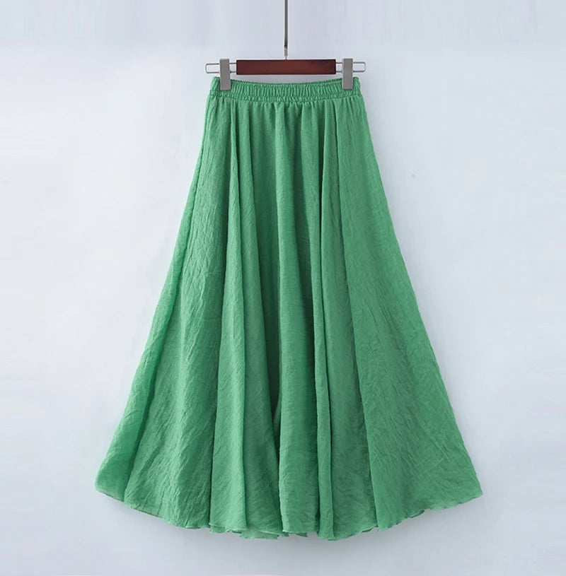 High Quality Cotton Linen Maxi Skirt Womens Casual Elastic High Waist Pleated A-Line Beach Skirts Boho Saia Feminina Faldas Jupe