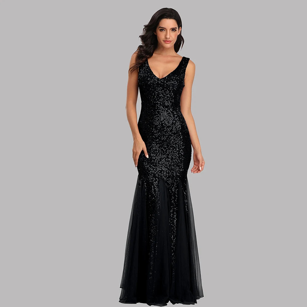 V-Neck Mermaid Dress with Shawl, Long Formal Prom Party Gown, Sequins Sleeveless, Sexy Evening Dress, Plus Size