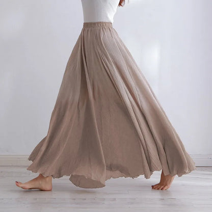 High Quality Cotton Linen Maxi Skirt Womens Casual Elastic High Waist Pleated A-Line Beach Skirts Boho Saia Feminina Faldas Jupe