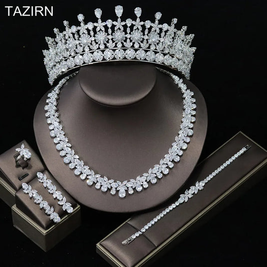 5A Zircon Dubai Jewelry 5Pcs Sets Crown CZ Necklace Bracelet Earrings Ring for Women Wedding Party Gift Newest Dress Accessories