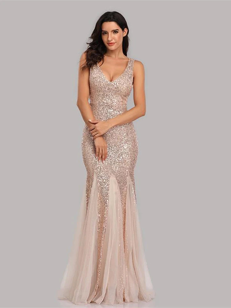 V-Neck Mermaid Dress with Shawl, Long Formal Prom Party Gown, Sequins Sleeveless, Sexy Evening Dress, Plus Size