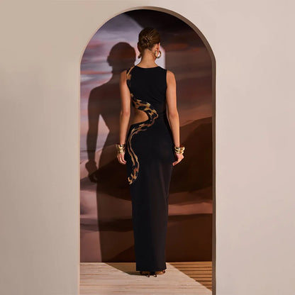 European and American Style Women's Summer New Sleeveless Sexy Slim Split Long Skirt Hollow Out Dress Gown