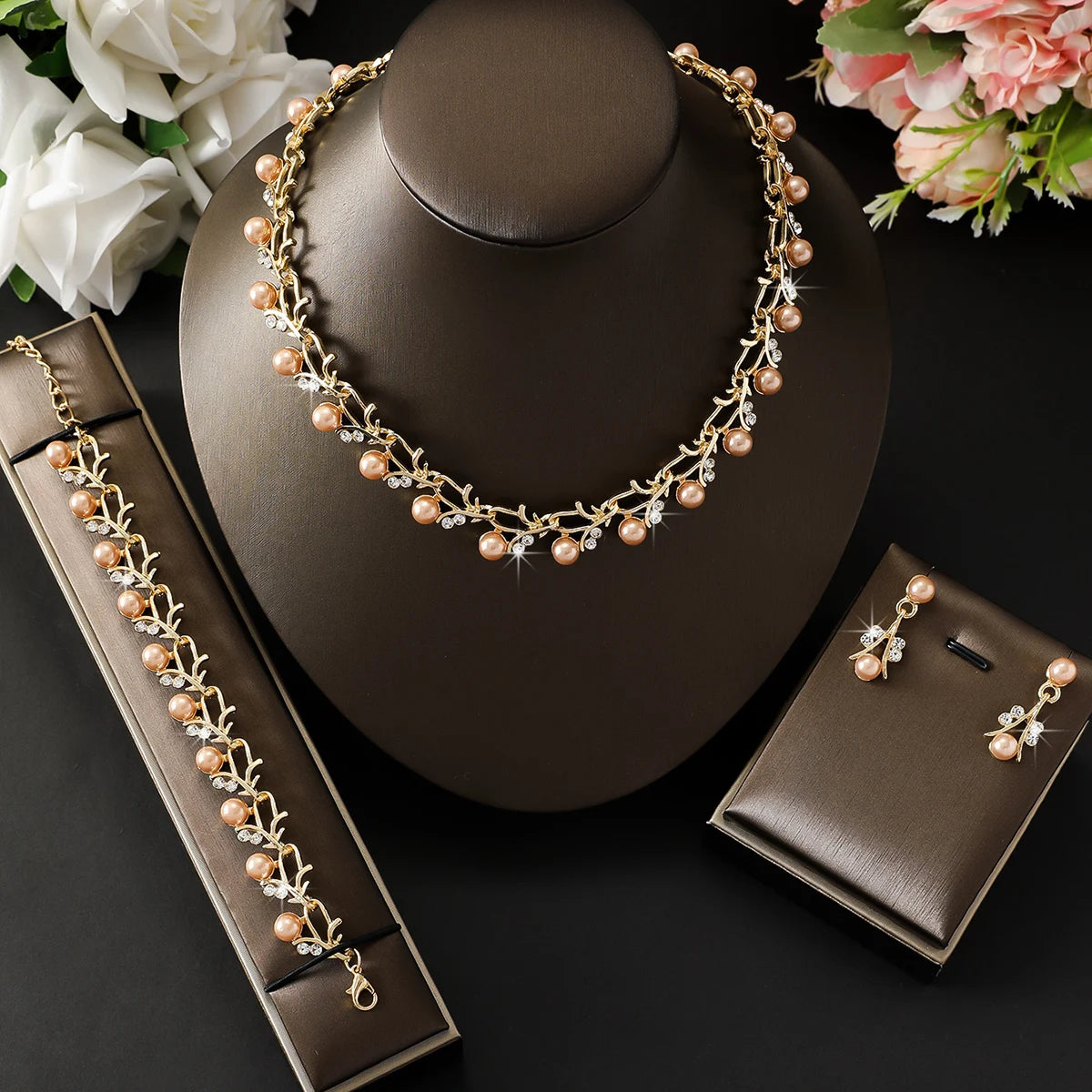 4pcs women's jewelry set with pearl rhinestone necklace, earrings, bracelets, bride's wedding accessories