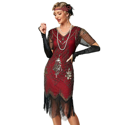 Women's Flapper Dresses 1920s Sequins Art Deco Gatsby Cocktail Dress with Sleeve Sexy V-neck Fringe Fancy Dress