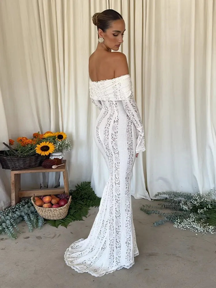 Women Elegant Solid Lace Hollow Slim Fishtail Dress Sexy Off Shoulder Backless Flare Sleeves Long Dresses Chic Lady Party Gowns