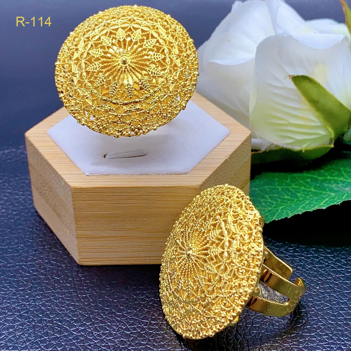 XUHUANG African Jewelry 24K Gold Color Large Women Rings Dubai Ethiopia Luxury Big Ring Suitable For Wedding And Party Gifts