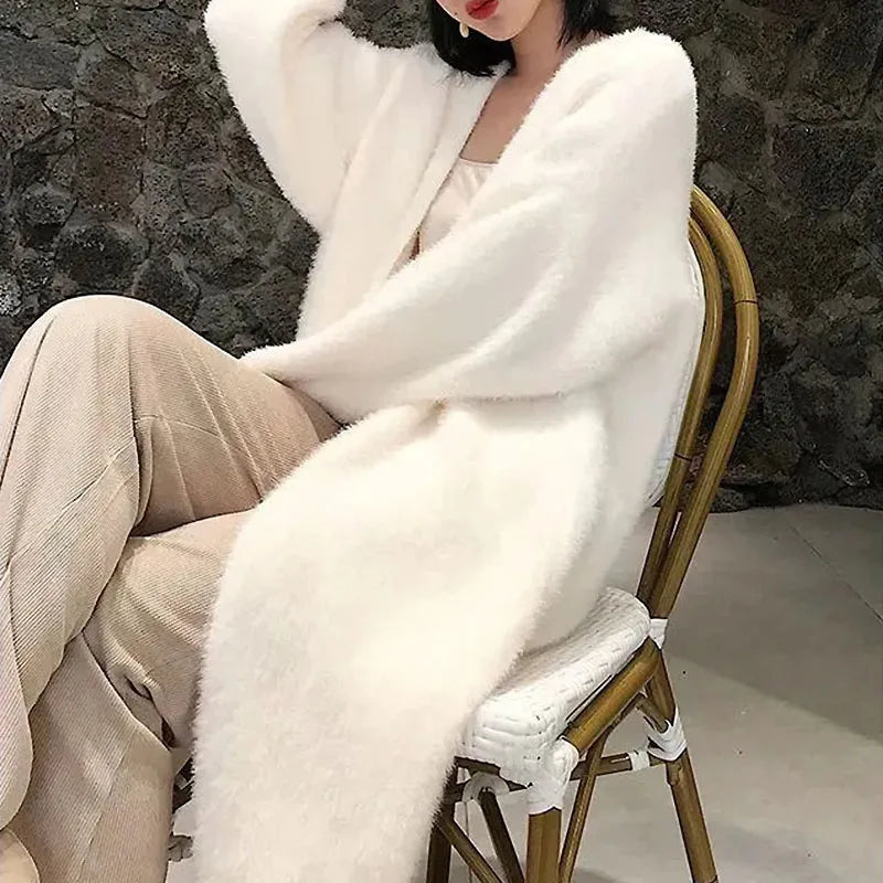 white Long Cardigan for women winter clothes Knitted fluffy long sleeve Cashmere sweater coat clotkorean style warm vintage