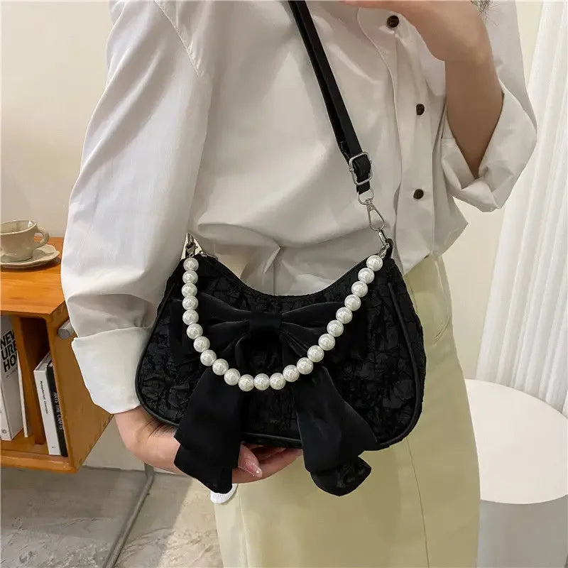 Pearl Female Bag Retro Luxury Designer Handbag Bow Crossbody Bags Fashion Canvas Women's Trend Shoulder bag Purses