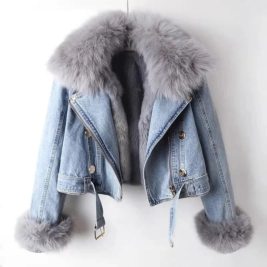 Autumn Winter New Detachable Faux Fox fur Rabbit fur inner lining Denim Jacket Women's Short Top Female Warm Parker Outwear