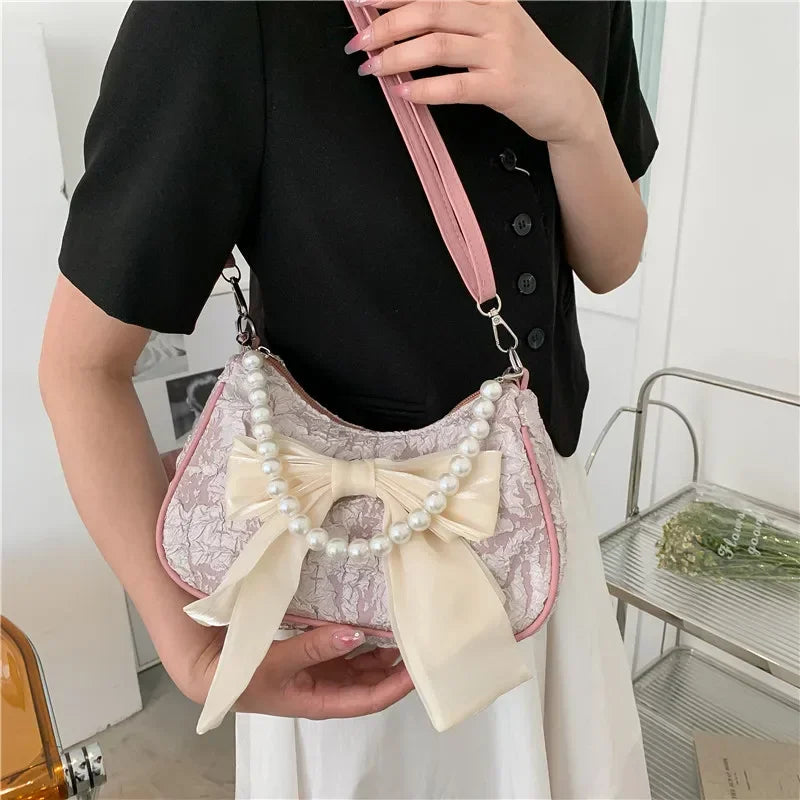 Pearl Female Bag Retro Luxury Designer Handbag Bow Crossbody Bags Fashion Canvas Women's Trend Shoulder bag Purses