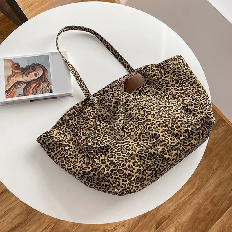 Oversized Leopard Prints Shoulder Bags for Women Deformable Canvas Large Capacity Shopping Totes  Winter New Luxury Handbags