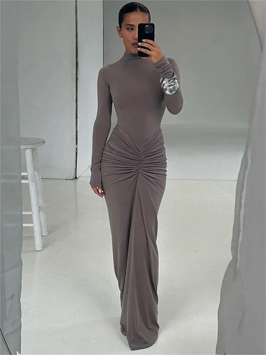 Tossy Pleated Fashion Patchwork Long Dress Women's High Waist Long Sleeve Solid Slim Party Dress Summer 2024 Female Maxi Dress