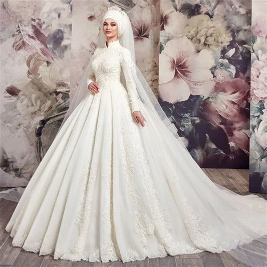 customized Luxury Muslim Wedding Dresses High Neck Long Sleeve Tulle Lace Applique Beading Bridal Gown 2025 Robe De Mariage