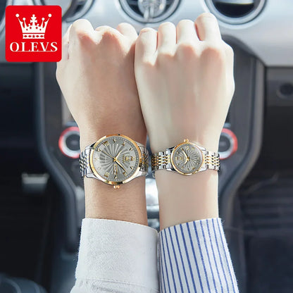 OLEVS Couple Watches Automatic Mechanical Luxury Stainless Steel Waterproof Cyclone Dial Lovers Watch Gift Set Relogio Masculino