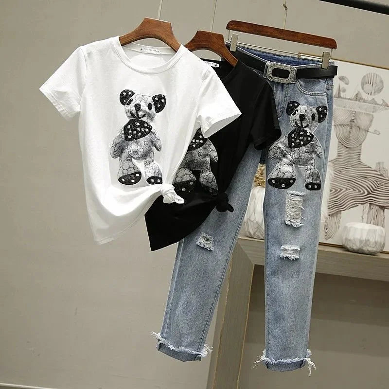 Joinyouth Fashion Sets Chic Sequins White Tshirt + High Waist Ripped Jeans Suit Roupas Femme Korean Pants 2 Piece Set Women