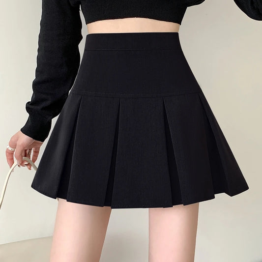 Summer New Women Slim Solid Color Pleated Short Skirt College Style Pure Want To High-waisted Skinny-proof A- line Clothing