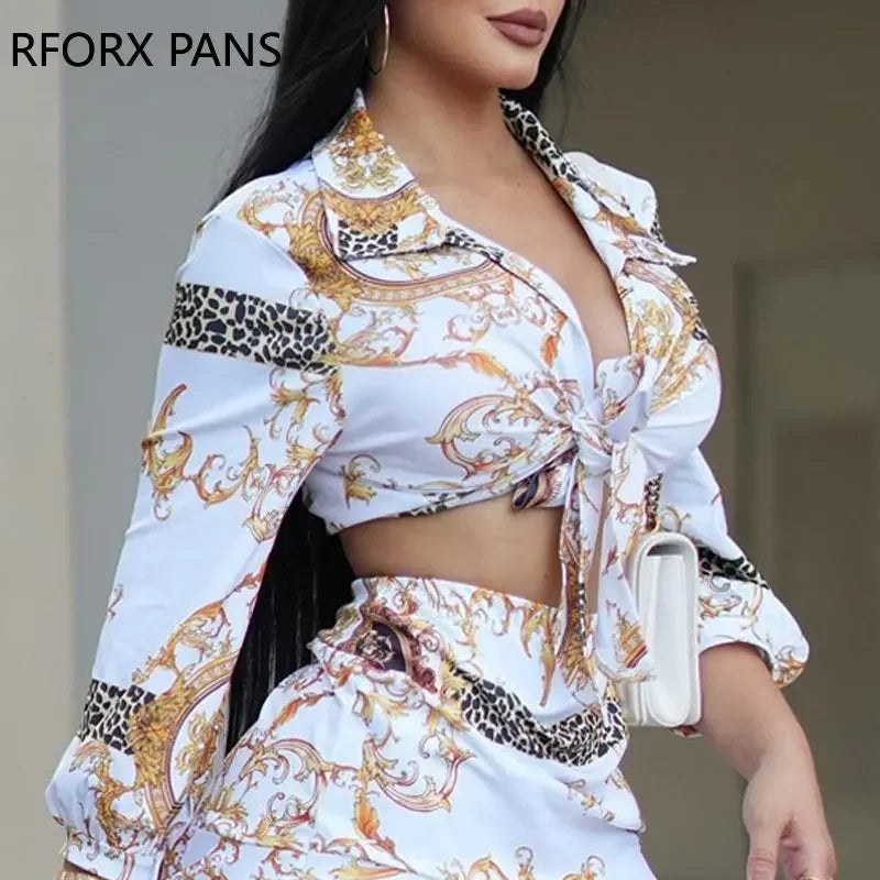 Spring Elegant Allover Print Shirt & Sexy Mini Skirt Sets Women Suits