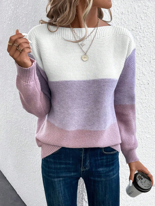 Elegant Three-color Patchwork Sweater Women Daily Commuter Casual Loose Jumpers Female Autumn Winter Knitted Thickened Warm Tops