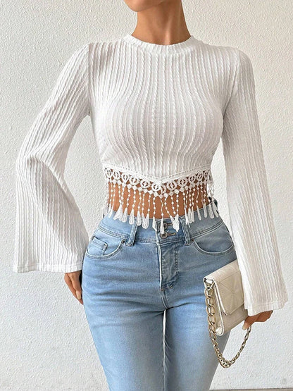 Women's Flare sleeve Tassel Casual Slim T-shirts,Women Clothing,Women Top,Crop Top,Tops For Women,Woman Clothes