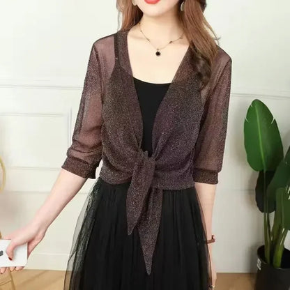 Women's Sheer Glitter Lace-up Cardigan Half Sleeve Summer Lightweight Jacket See-through Loose Blouse Women