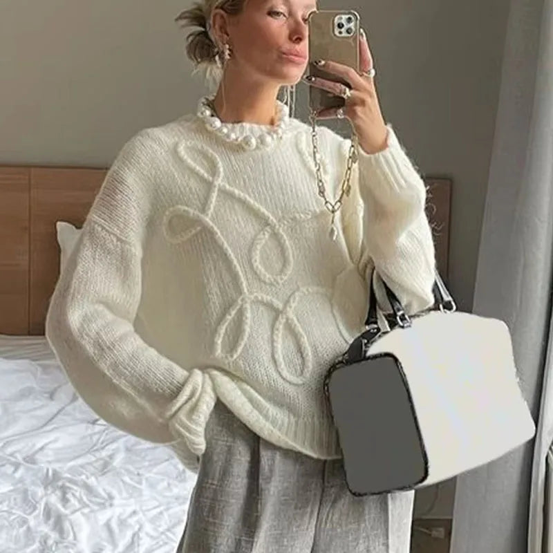 TARUXY Fashion Casual Pullovers For Women Solid Color Round Neck Long Sleeve Knitted Sweater Loose Female Autunn Winter New