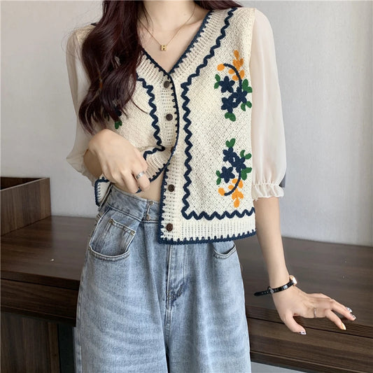 Flower Embroidery Crochet Blouse with Chiffon Sleeve Button Front Cardigan Top Women Spring Summer Fairycore Cottagecore