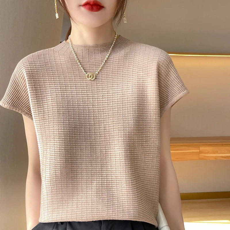 Summer Female T-shirts Short Sleeve Women O-neck Solid Color Fashion Women's Clothing Tee Mock Neck Casual Soft T Shirt Oversize