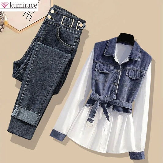 Spring and Autumn Season Set Women's  New Korean Fashion Versatile Style Top Casual Jeans Two Piece Set Fashion