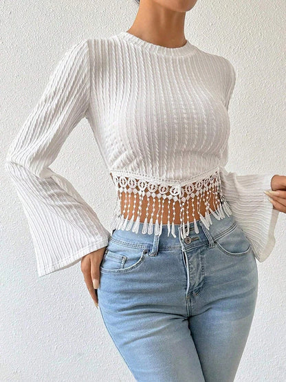 Women's Flare sleeve Tassel Casual Slim T-shirts,Women Clothing,Women Top,Crop Top,Tops For Women,Woman Clothes