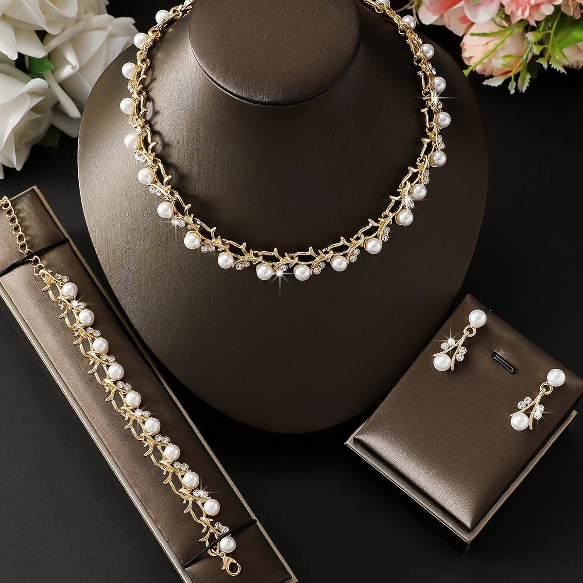 4pcs women's jewelry set with pearl rhinestone necklace, earrings, bracelets, bride's wedding accessories