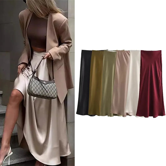 Ladies Satin Skirt Women High Waist Long Skirts For Women Spring Summer Black Midi Skirt Office Lady Elegant Women's Skirts