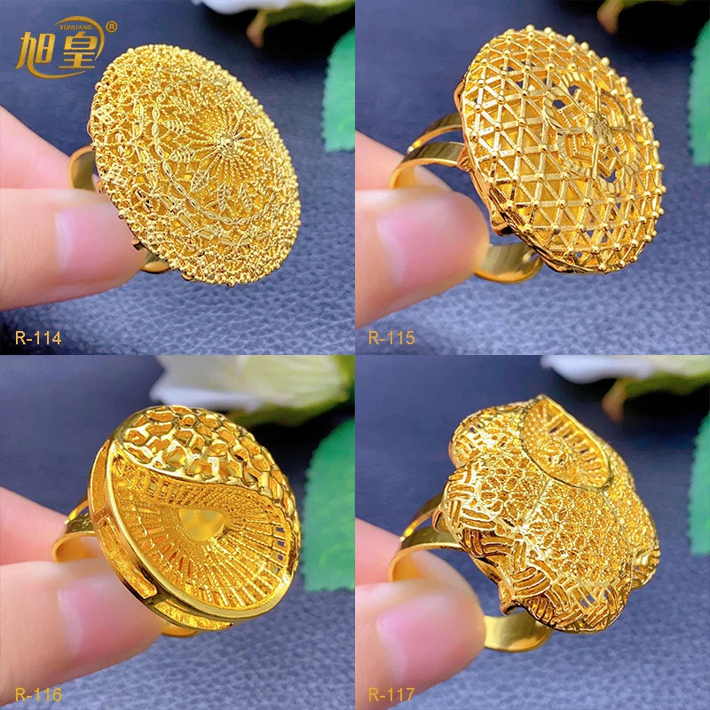 XUHUANG African Jewelry 24K Gold Color Large Women Rings Dubai Ethiopia Luxury Big Ring Suitable For Wedding And Party Gifts