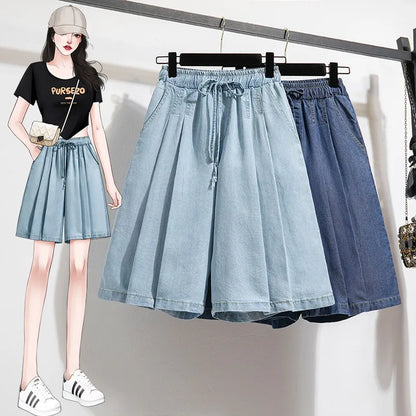 Women Summer Casual Short Jeans New Arrival Korean Style Solid Color Basics Loose Female Knee Length Denim Pants B3677