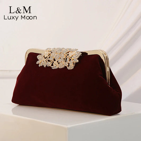 Vintage Wine Red Velvet Handbag Women Velour Evening Bag Retro Style Bridal Wedding Party Clutches Ladies Diamond Purse XA829H