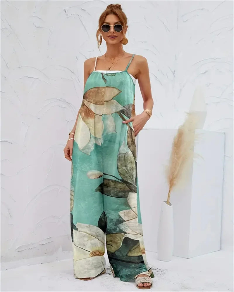 Spring and summer  ladies digital printing color gradient sleeveless casual baggy jumpsuit