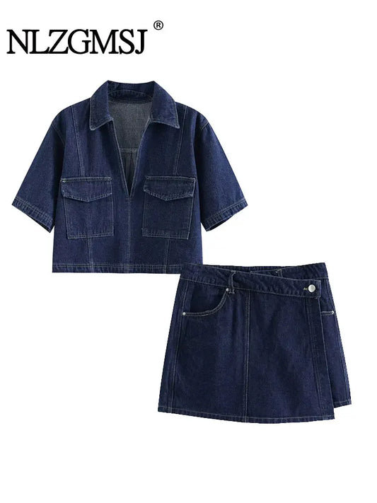 TRAF  Women's Fashion Flip Pocket Decoration Short Flip Collar Slim fit denim Top + Asymmetric Denim Skirt 2 Piece Set