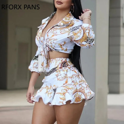 Spring Elegant Allover Print Shirt & Sexy Mini Skirt Sets Women Suits