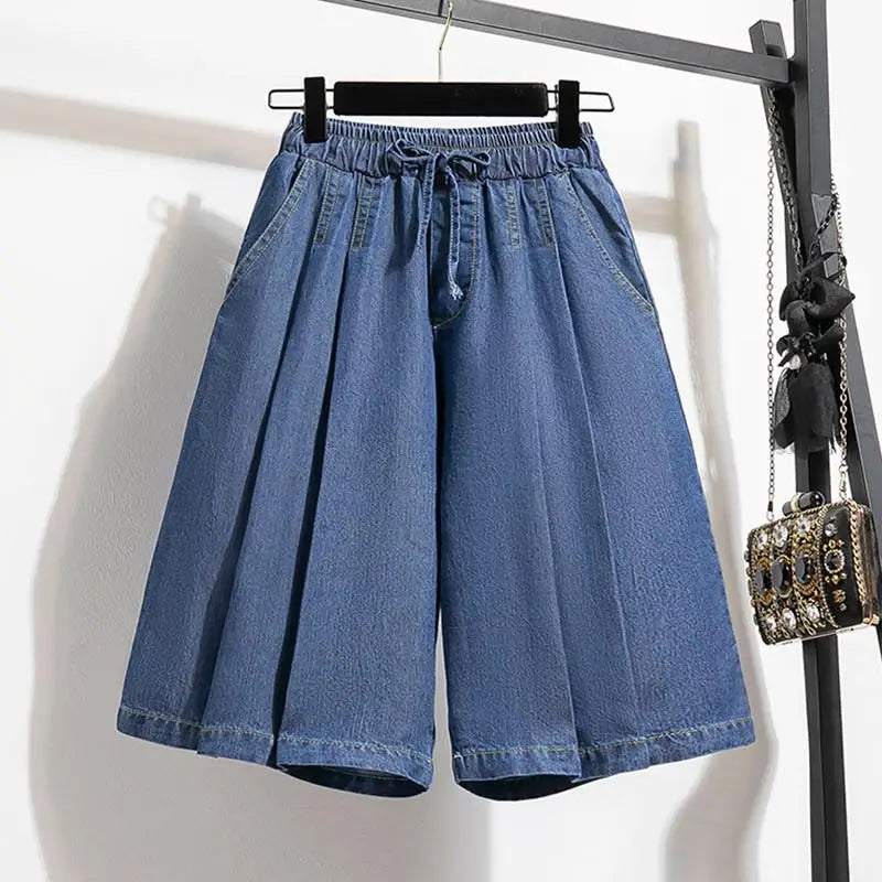 Women Summer Casual Short Jeans New Arrival Korean Style Solid Color Basics Loose Female Knee Length Denim Pants B3677