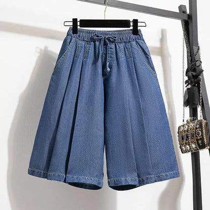 Women Summer Casual Short Jeans New Arrival Korean Style Solid Color Basics Loose Female Knee Length Denim Pants B3677