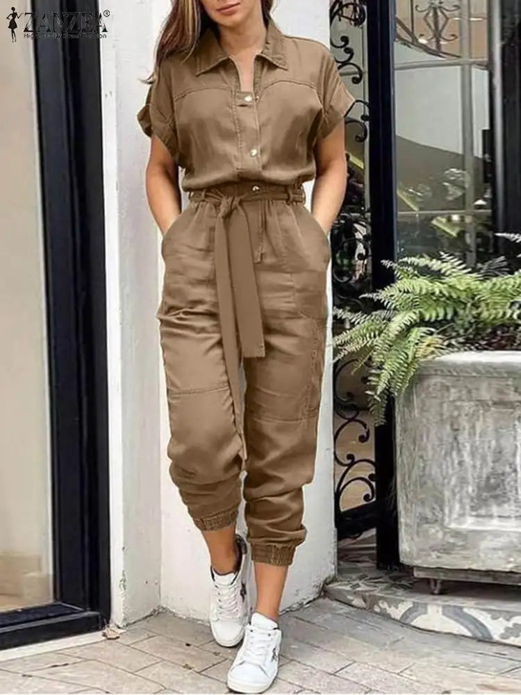 ZANZEA Summer Fashion OL Work Jumpsuits Vintage Cargo Rompers Woman Lapel Neck Short Sleeve Playsuits Elegant Party Overall