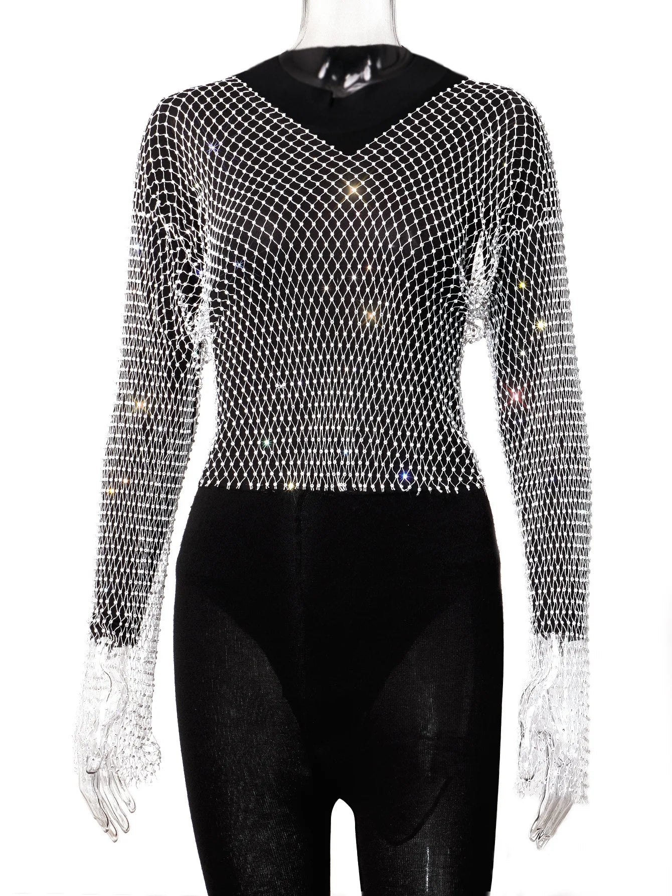 Women Sexy Club  Mesh See Through T Shirt Shiny Rhinestone Fishnet Hollow Out Top Long Sleeve Beach Cover Up Party ball Tank Top