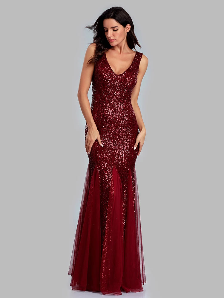 V-Neck Mermaid Dress with Shawl, Long Formal Prom Party Gown, Sequins Sleeveless, Sexy Evening Dress, Plus Size