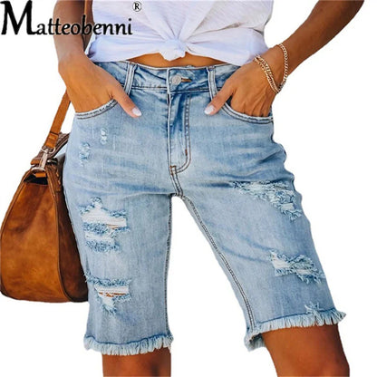 Ripped Jeans Summer Street Tassel High Elastic Skinny Pants Mid Waist Five Points Pants Women Slim Hole Ladies Casual Shorts